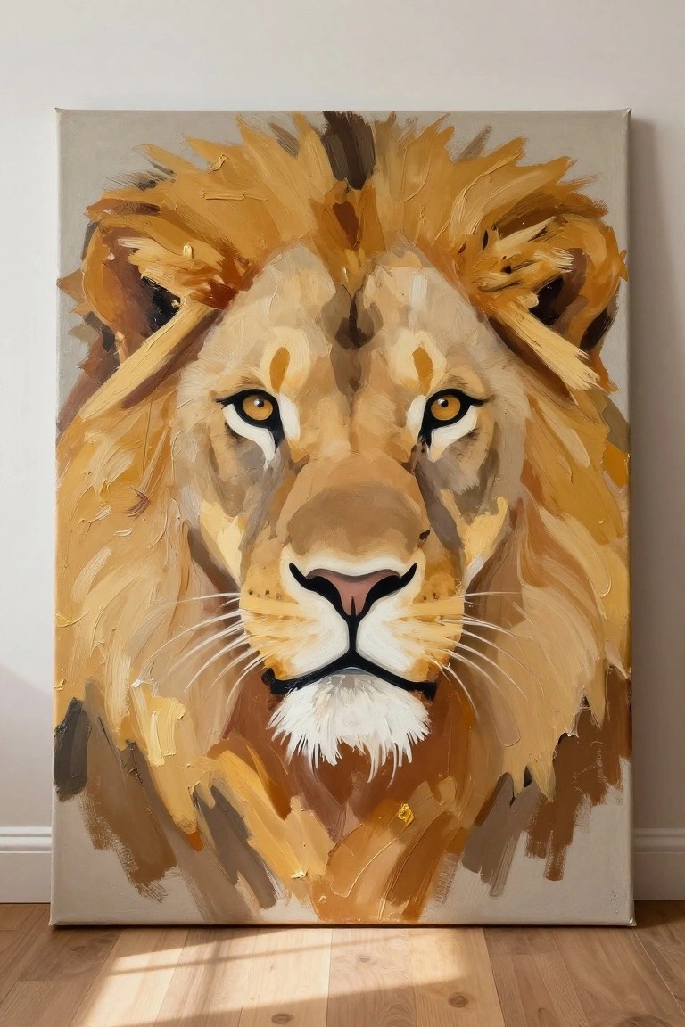 Impasto lion portrait in golden brown tones on canvas against wall and floor