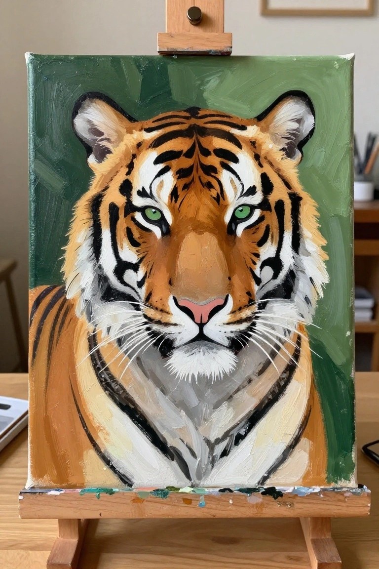 Oil painting of tiger face with orange fur and green eyes on wooden easel