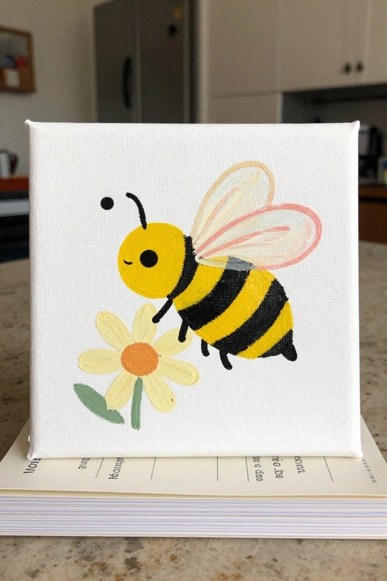 Cute cartoon bee with yellow-black stripes and pink wings near flower on canvas