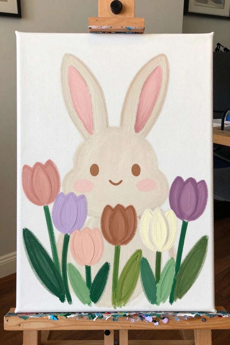 Acrylic painting on easel of smiling bunny with pink ears and colorful tulips.