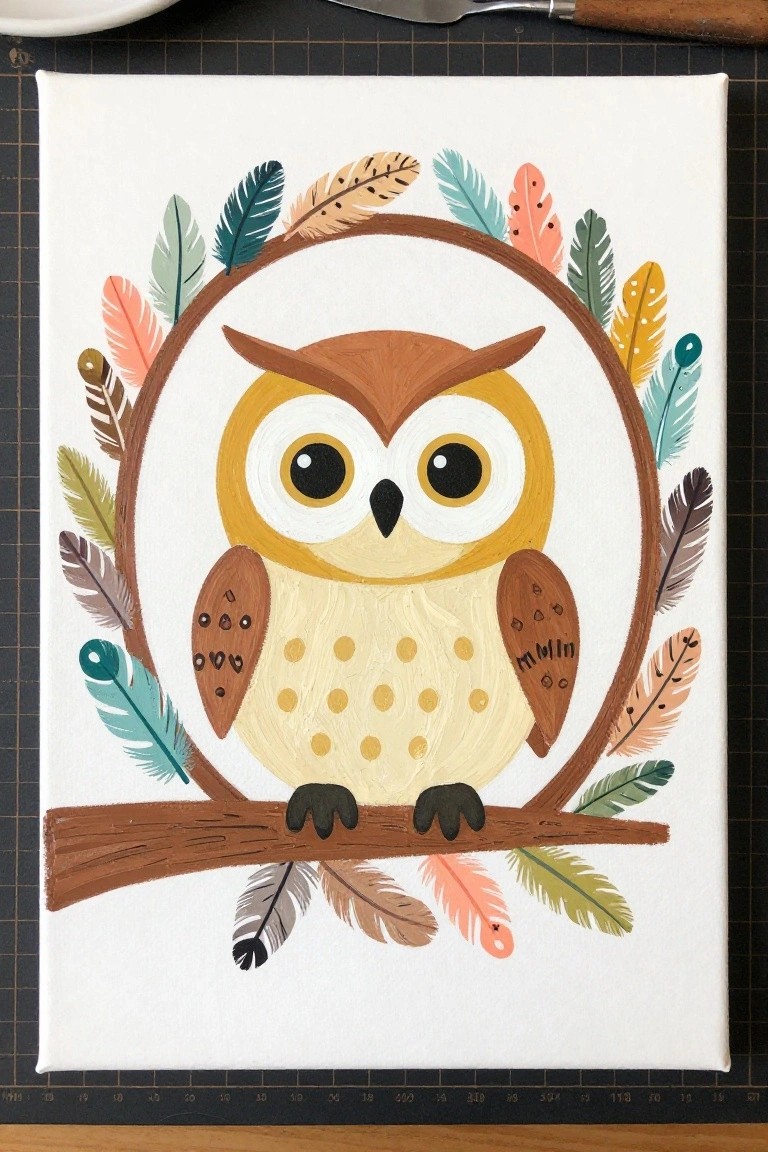 Stylized yellow owl with big eyes on branch inside colorful feather wreath on canvas.