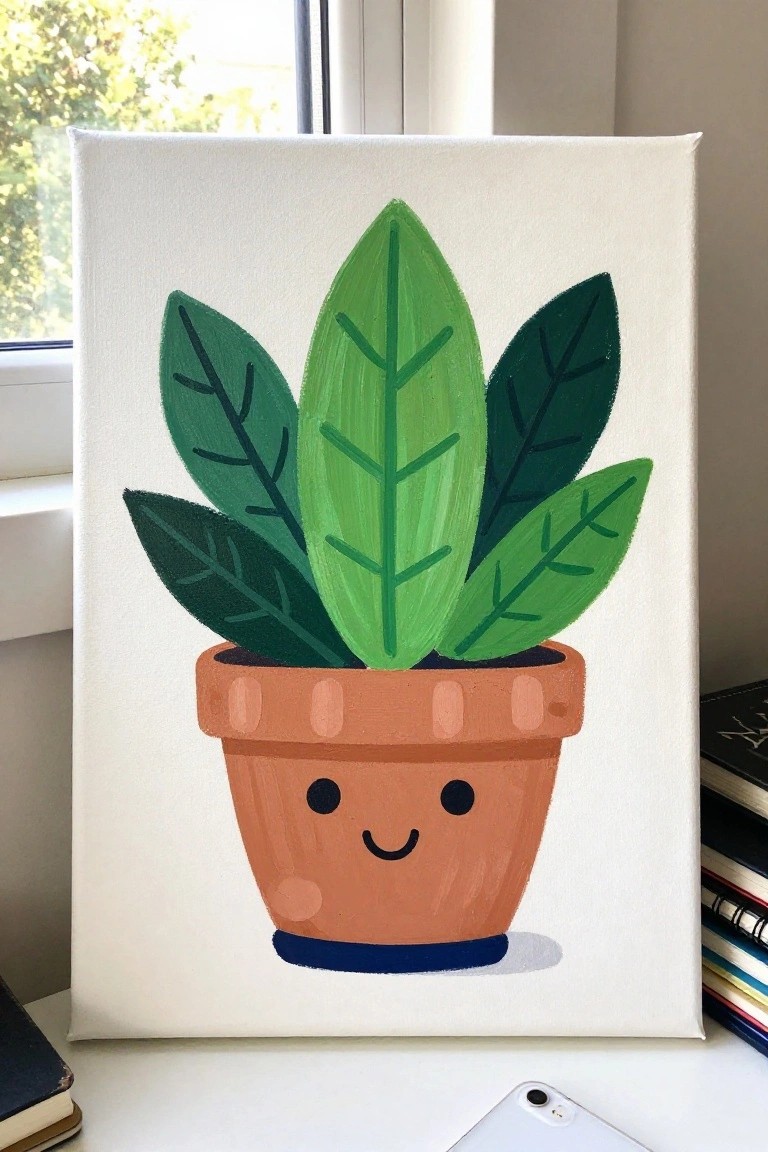 Canvas painting of smiling potted plant with green leaves in terracotta pot