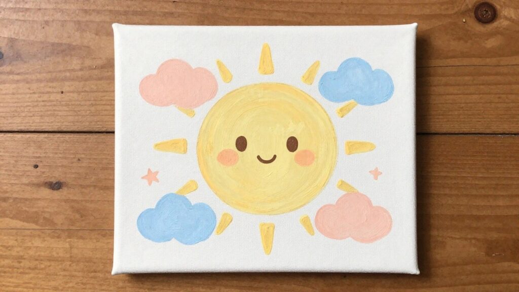 Hand-painted canvas of a smiling yellow sun with pink cheeks, clouds, and stars.
