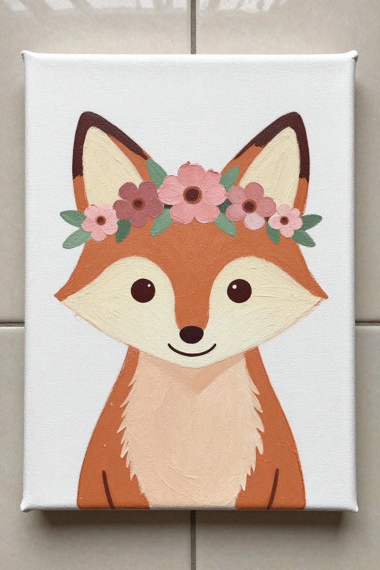 Cute orange fox with pink flower crown painted on white canvas