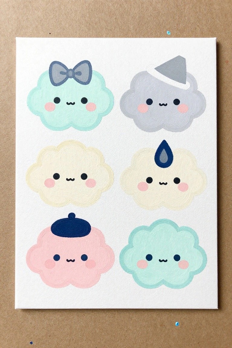 Six pastel cloud characters with simple faces and small accessories arranged in two columns on a white canvas.
