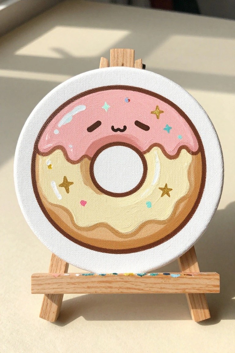 Cute kawaii donut with pink frosting, face, and stars on round canvas easel