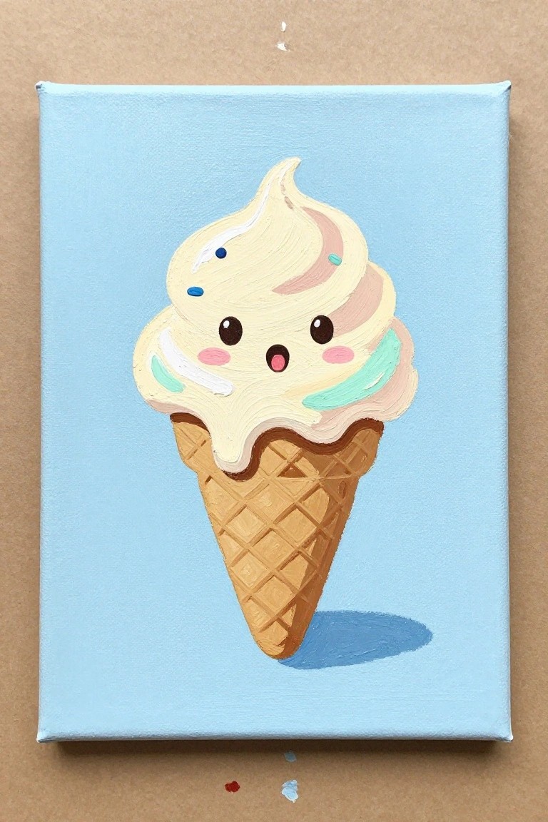 Cute kawaii ice cream cone with face on light blue canvas