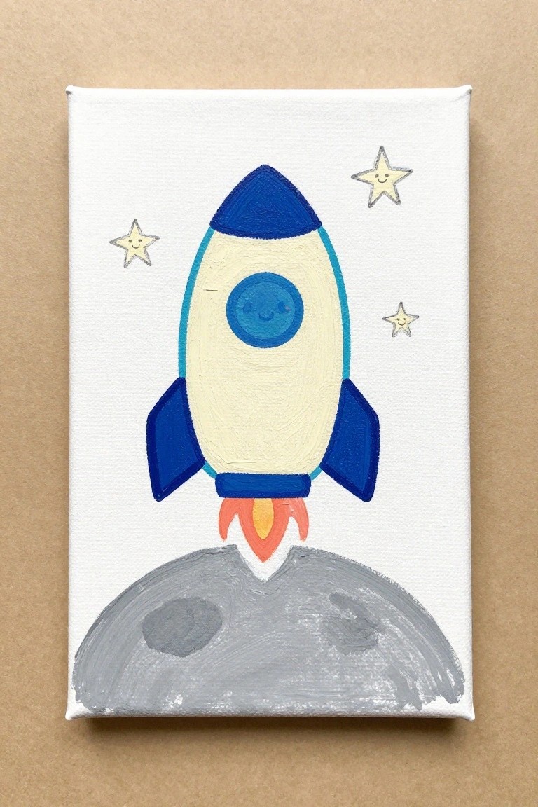 Cheerful cartoon rocket blasting off a gray cratered planet with three smiling stars.