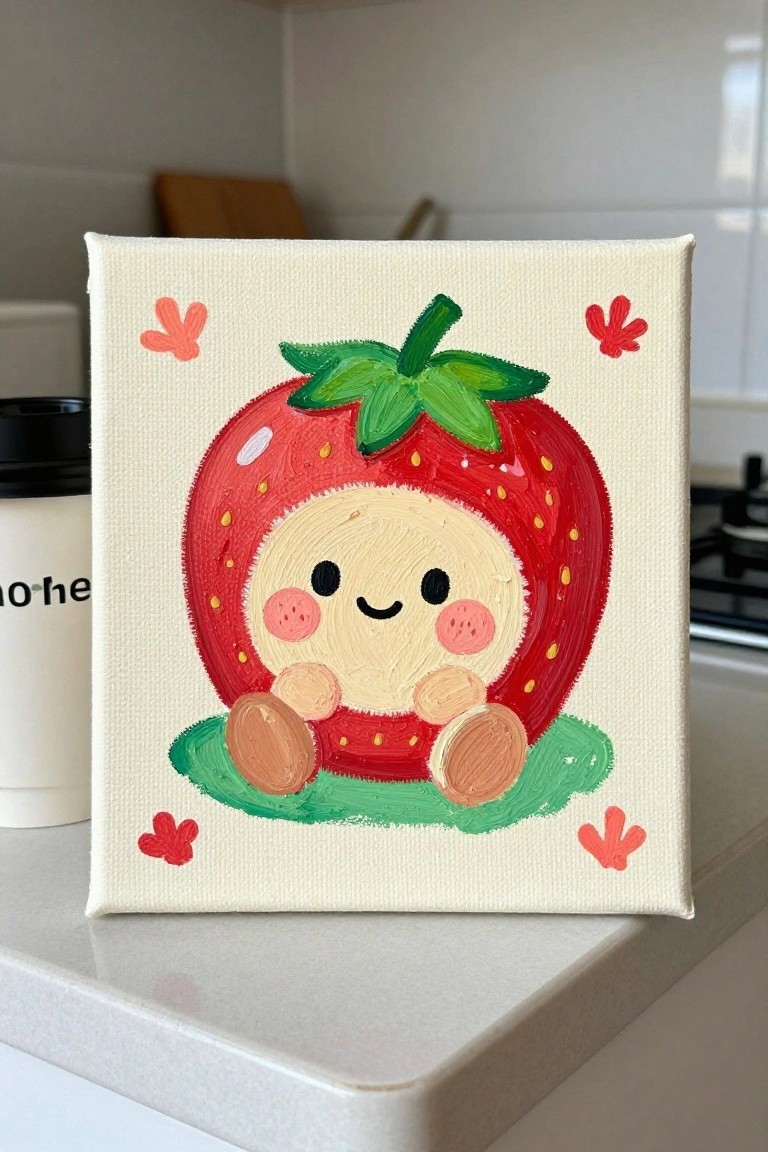 Cute kawaii strawberry character painting on canvas with pink cheeks and red hearts