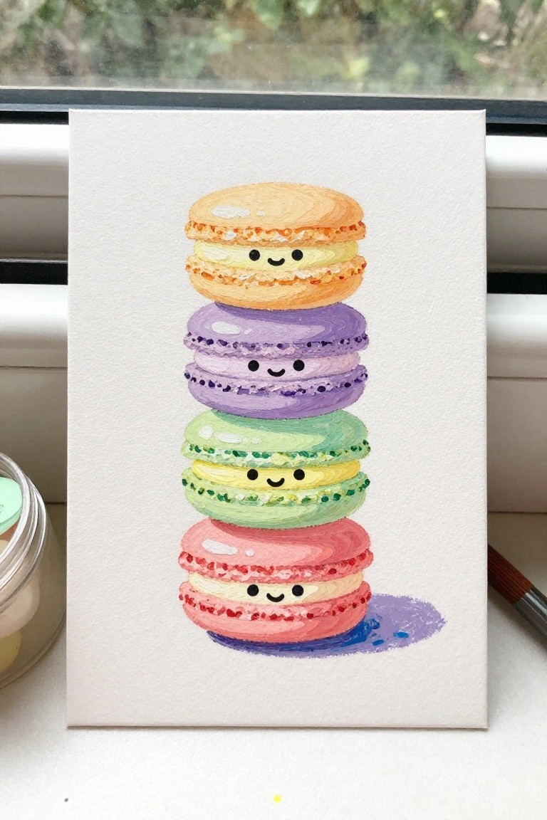 Watercolor painting of stacked smiling macarons in orange, purple, green, and pink hues