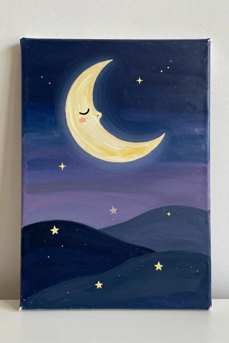 Smiling yellow crescent moon with face amid stars over dark blue and purple hills