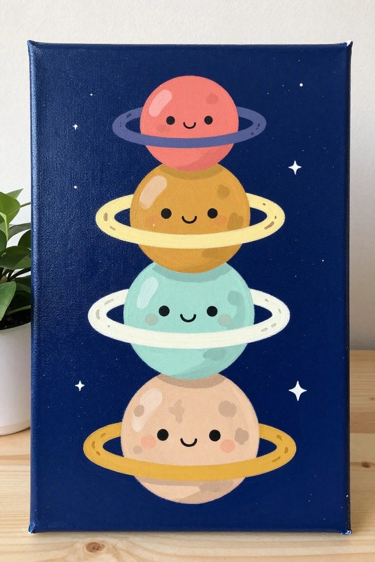 Four colorful cartoon planets with smiling faces and rings stacked on starry blue background