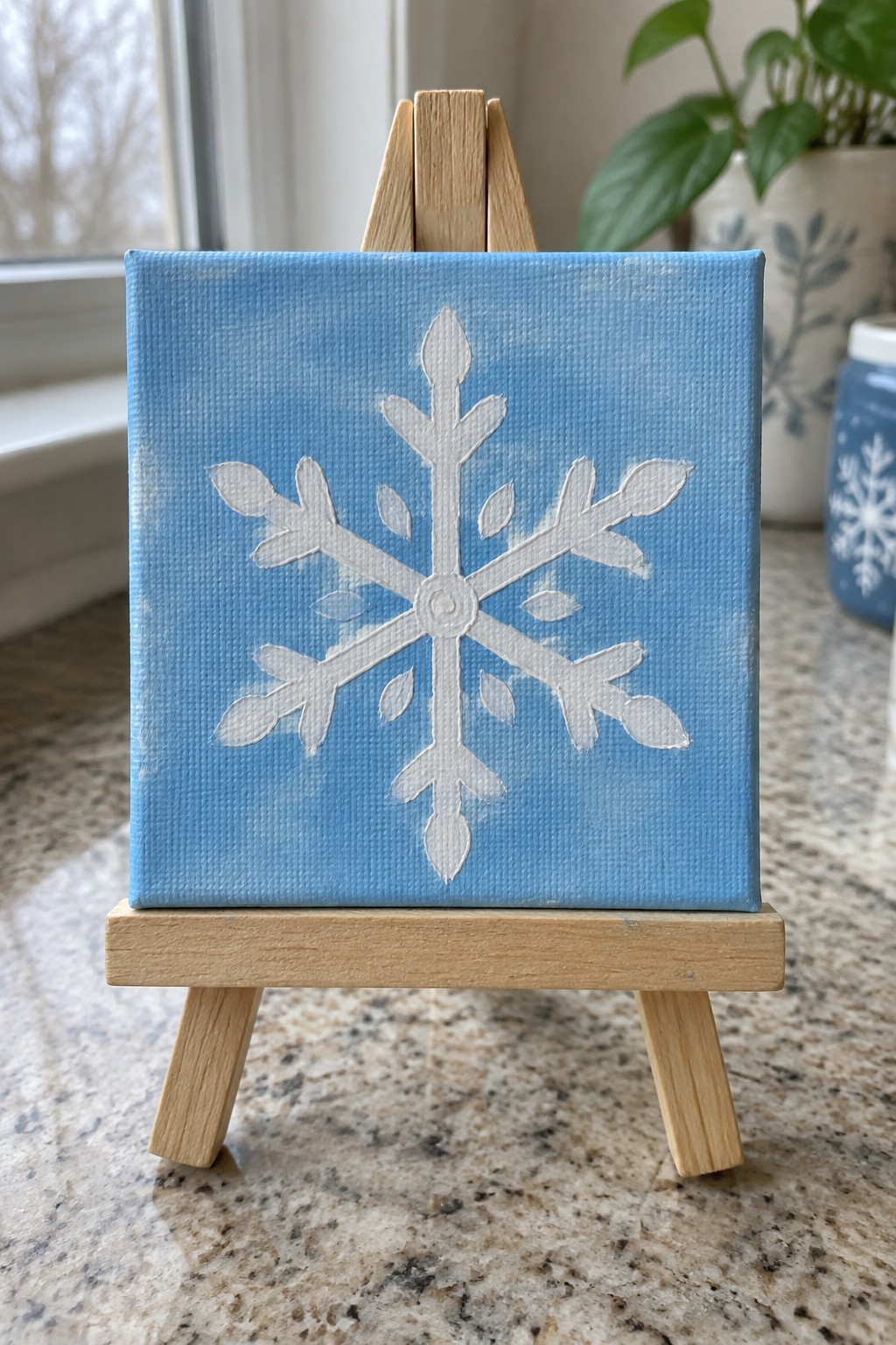 A small square canvas on a wooden easel shows a white snowflake painted on a light blue background.