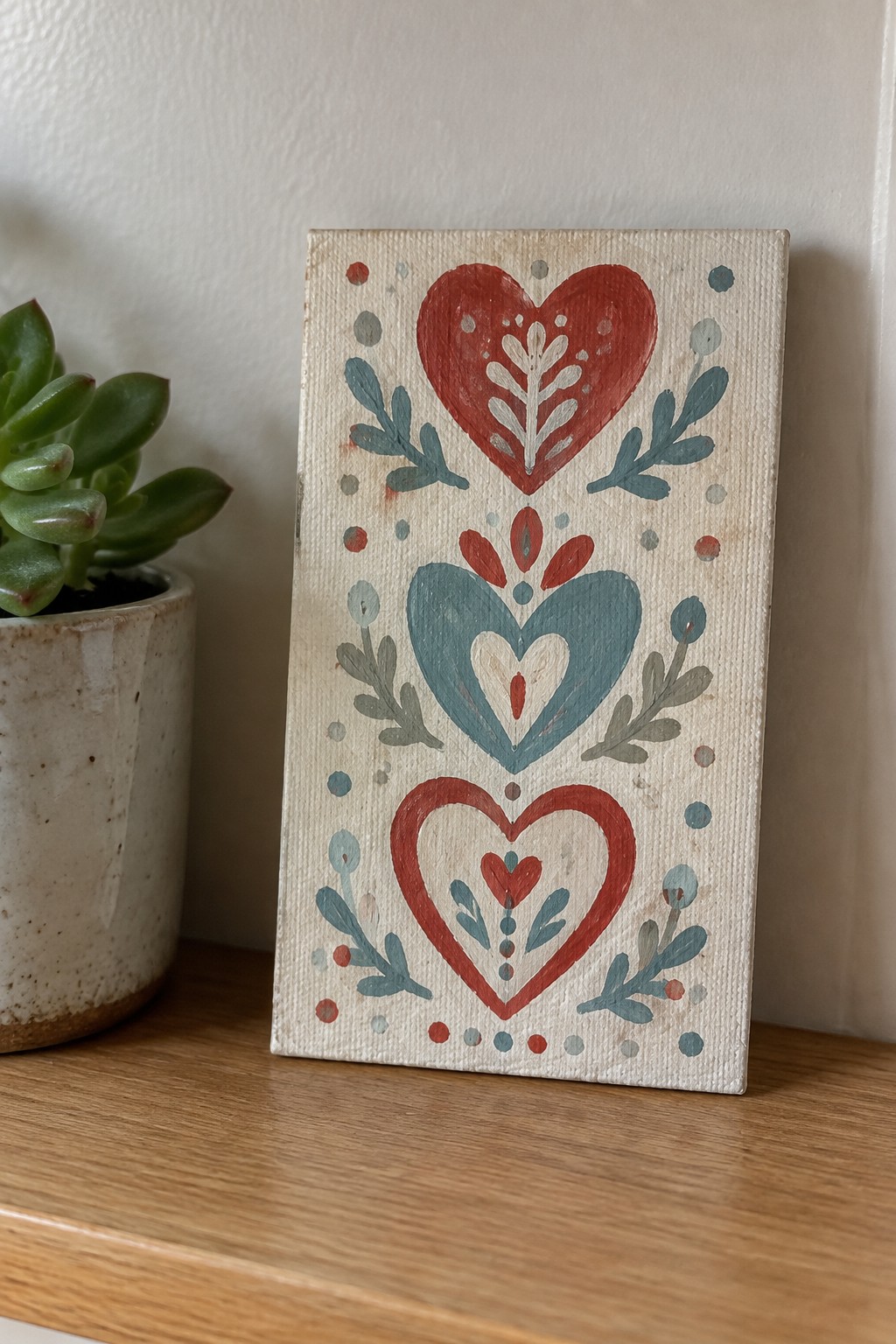 Folk art canvas with stacked red and teal hearts beside potted succulent on wood