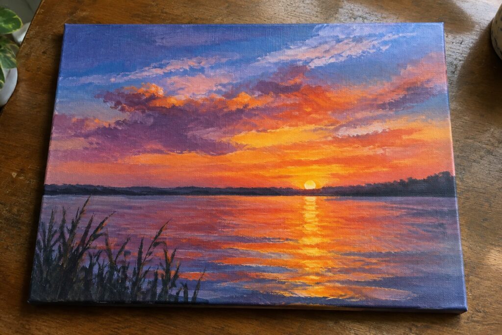 15 Expressive Impressionist Sunset Acrylic Painting Ideas With Loose Brushwork Vibrant sunset painting on canvas with orange sky, water reflections, and dark reeds