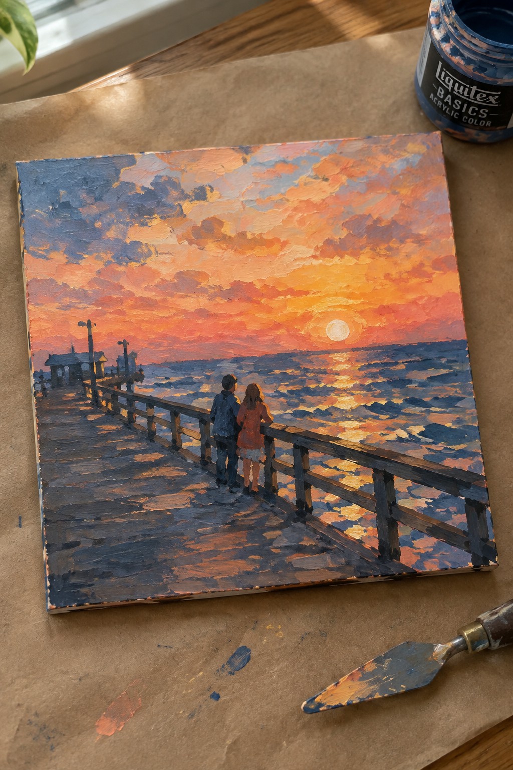 Impasto acrylic painting of two figures on pier at vibrant orange-blue ocean sunset