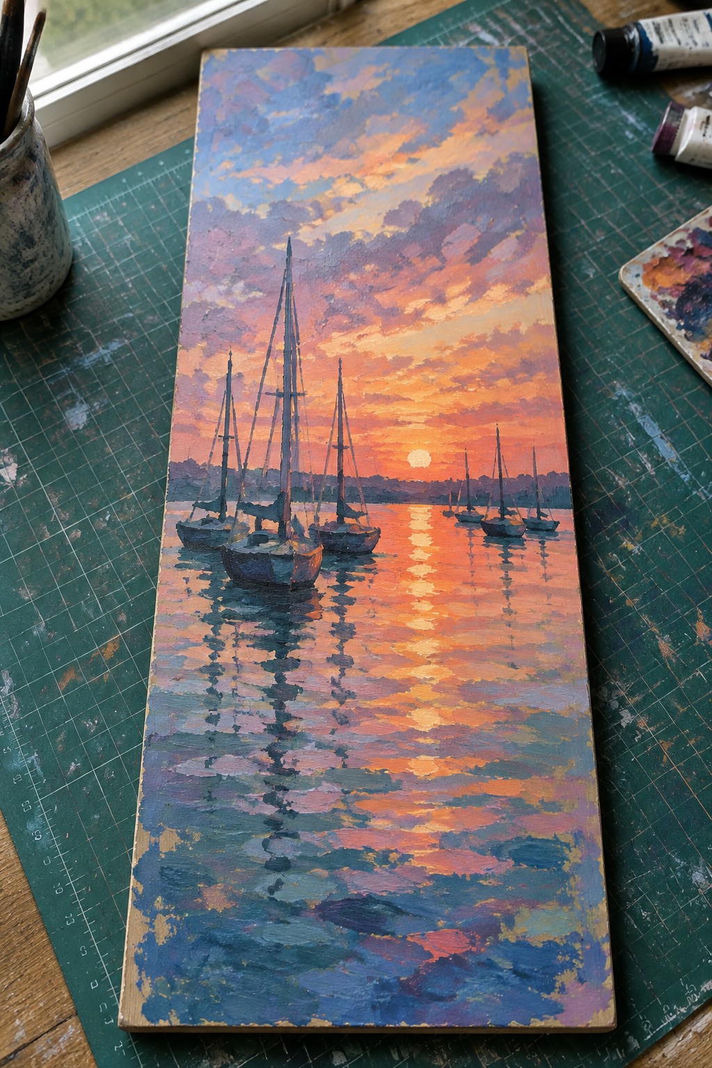 Vibrant oil painting of sailboats at sunset on green mat with paint supplies