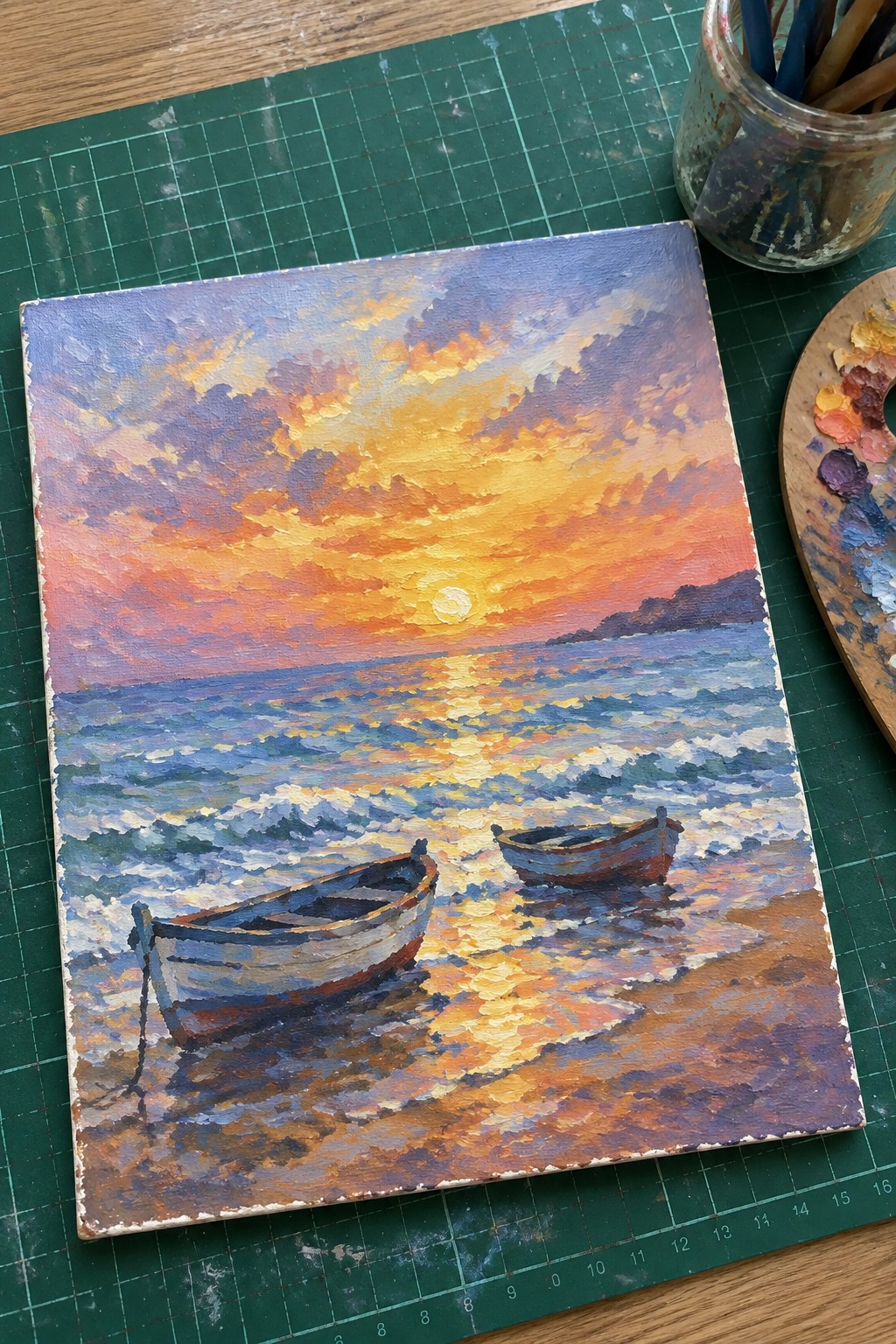 Colorful impressionist sunset seascape painting with two boats and art supplies nearby