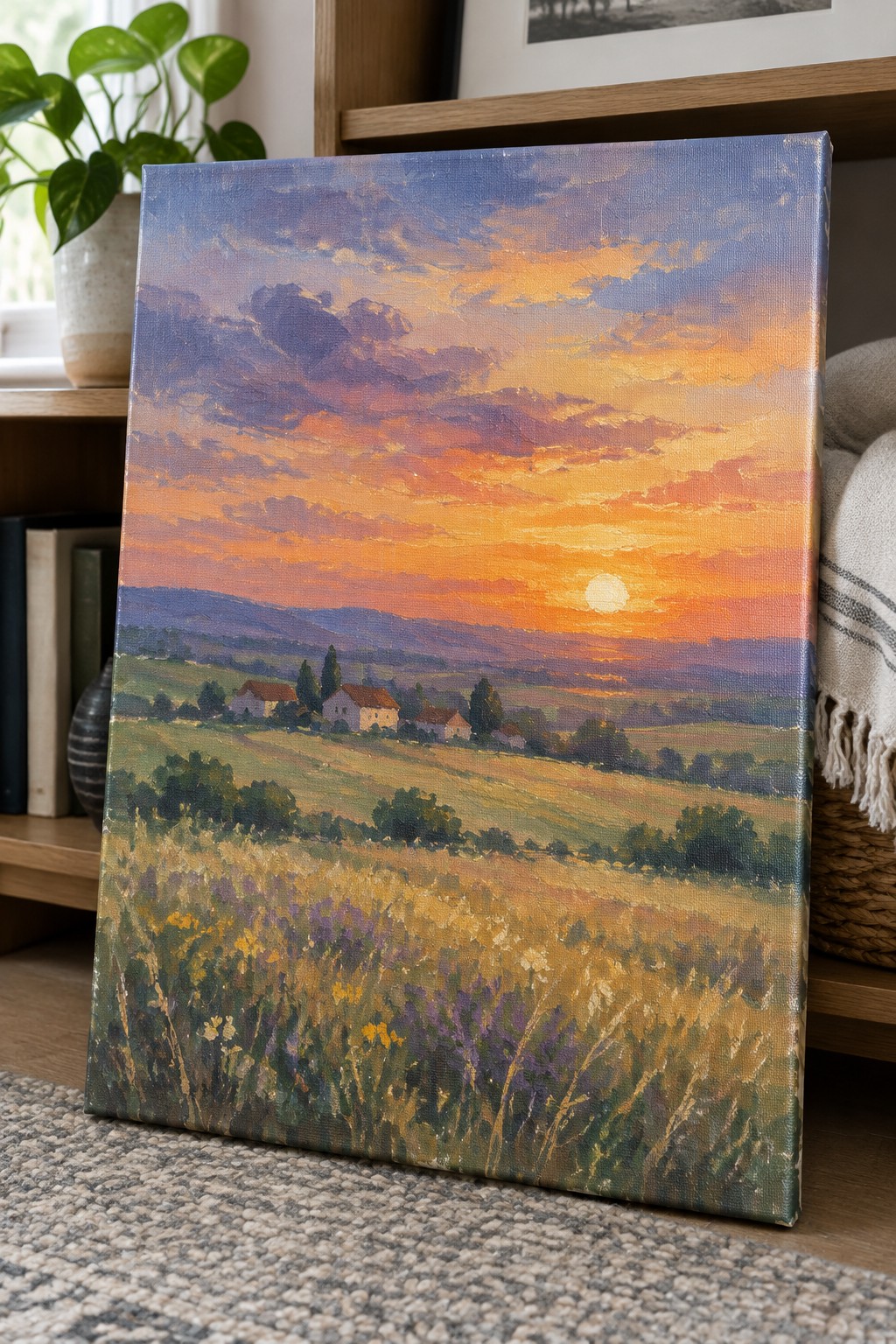 Colorful sunset landscape painting with orange sky, purple clouds, village houses, and wildflower meadow.