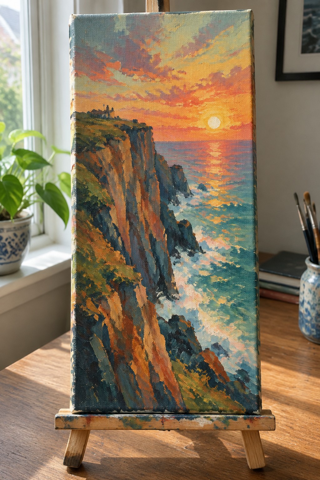 Vibrant oil painting of sunset cliffs above crashing ocean waves on easel