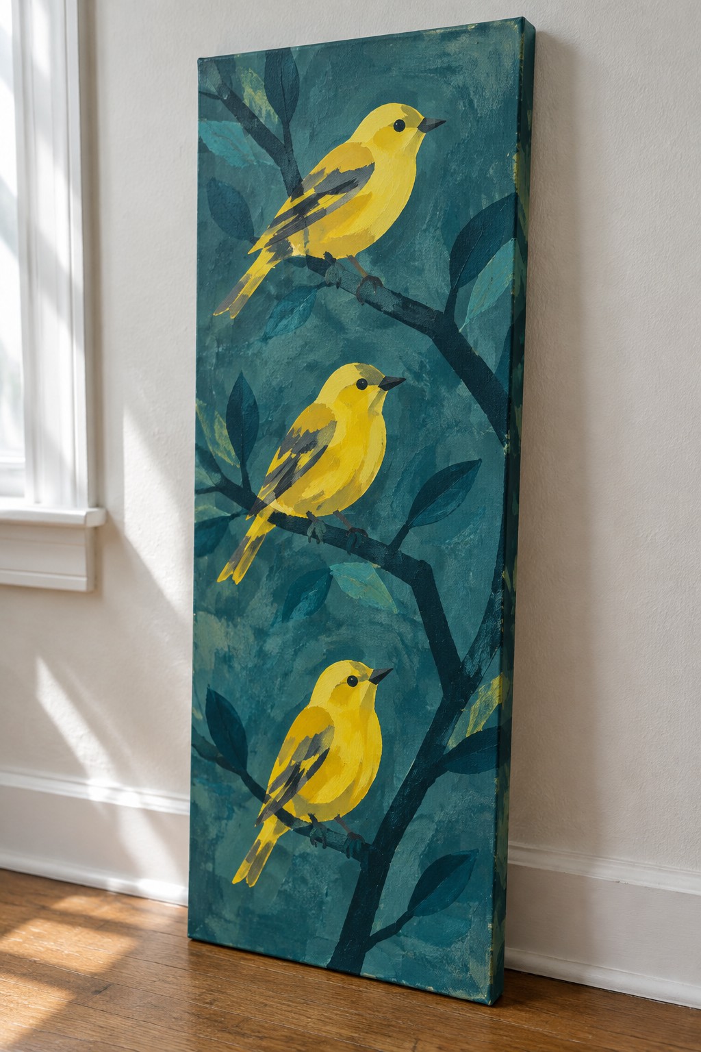 Three yellow birds perch on dark branches against a textured teal background