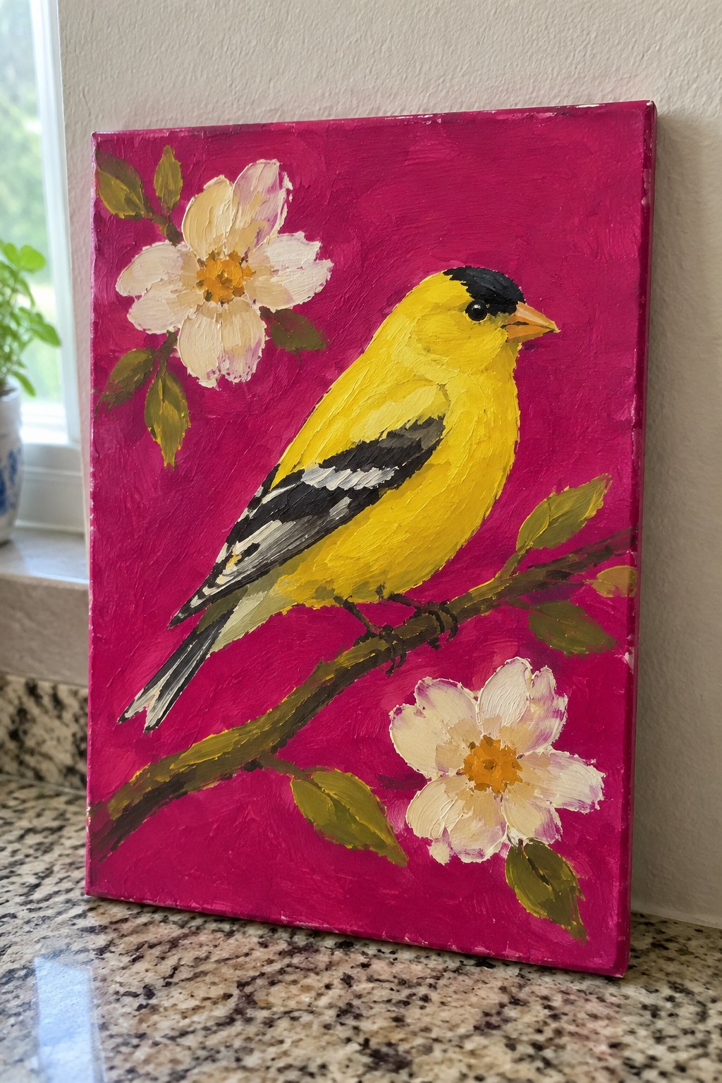 Yellow bird on branch with white flowers against magenta background in acrylic painting