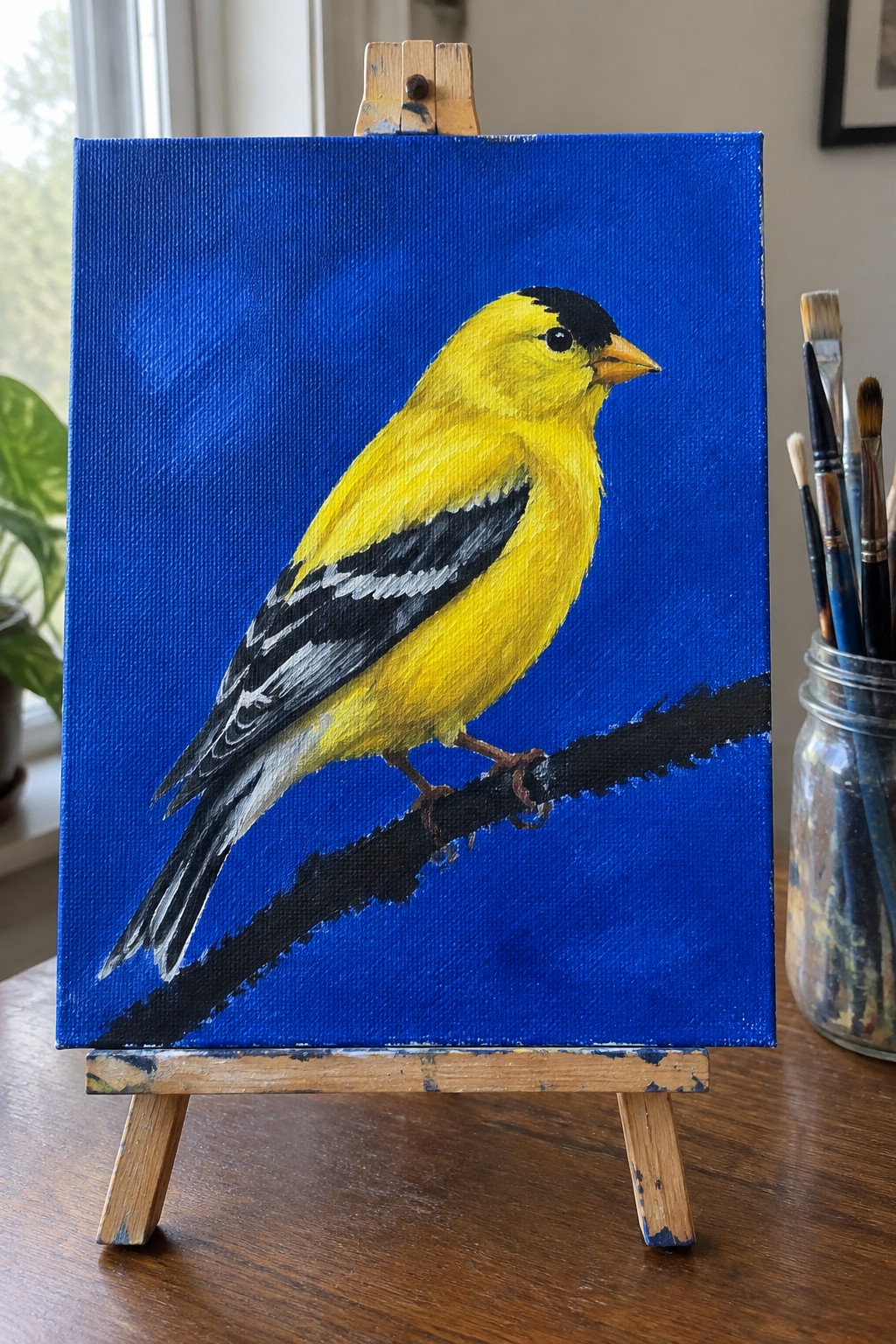 Yellow goldfinch painting on blue canvas perched on branch atop wooden easel