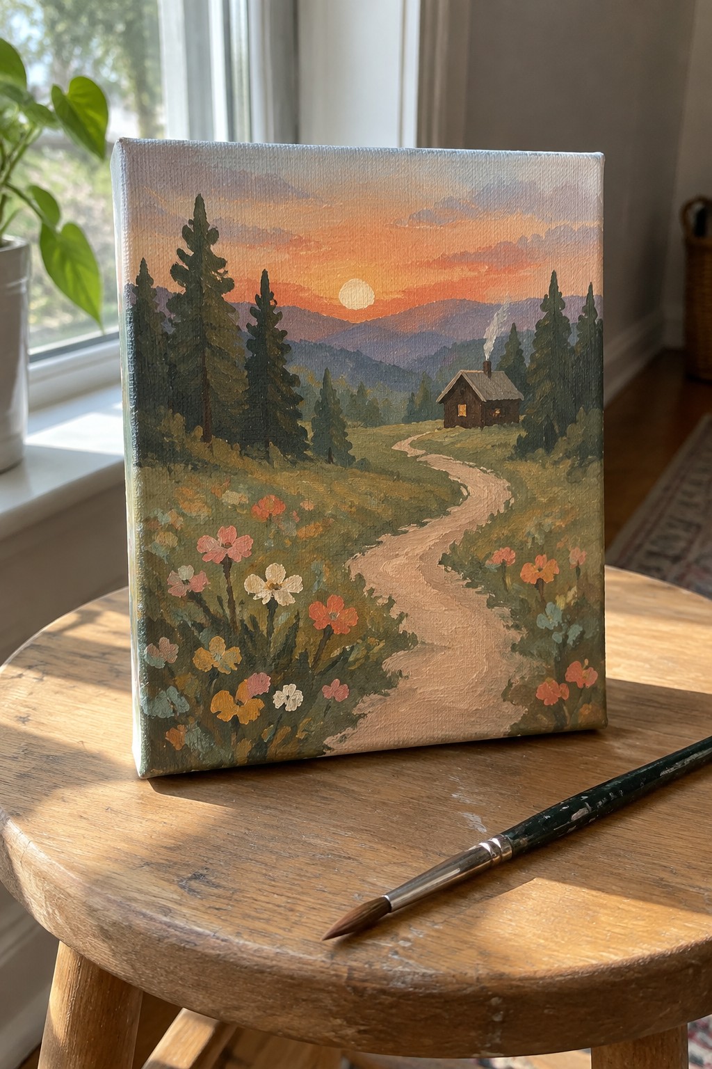 Oil painting of sunset landscape with cabin, path, and wildflowers on stool with brush