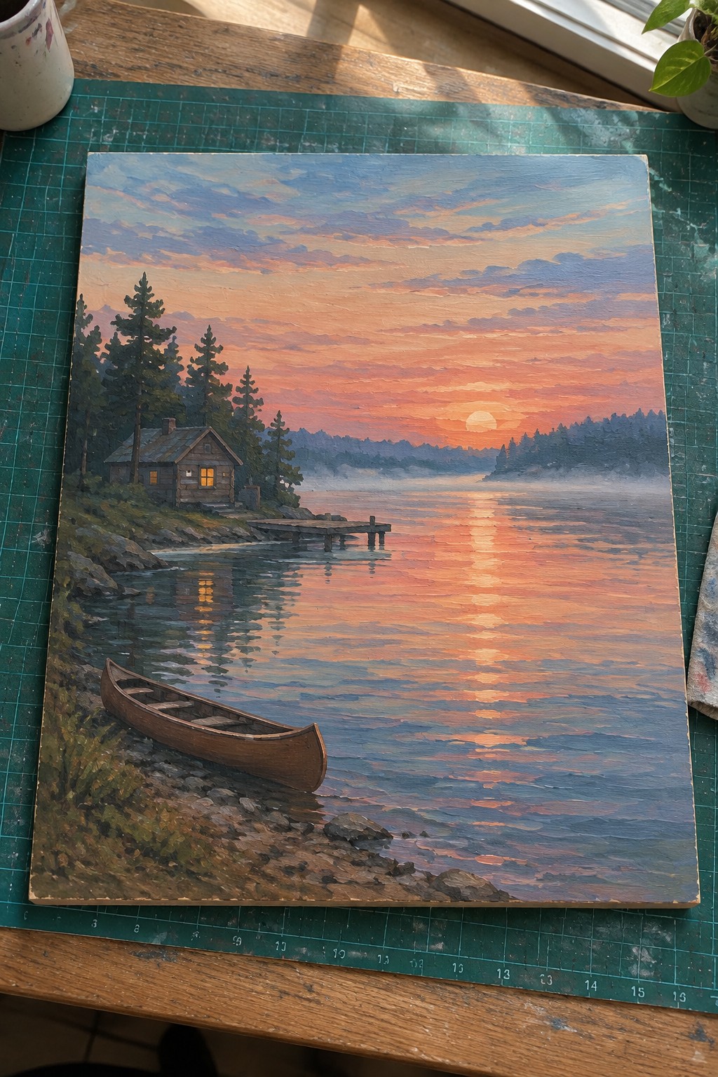 Oil painting of sunset lake with cabin, canoe, dock on green cutting mat.