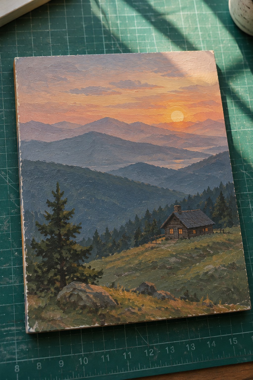 Textured oil painting of log cabin on grassy hill amid misty mountains at sunset.