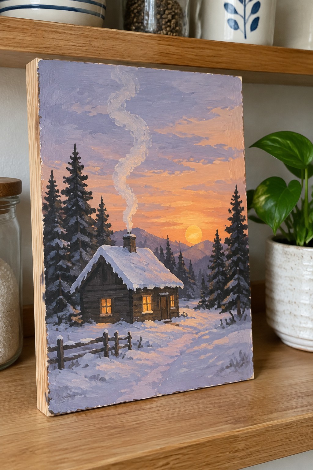 Oil painting of snow-covered cabin with smoking chimney at sunset amid pine trees