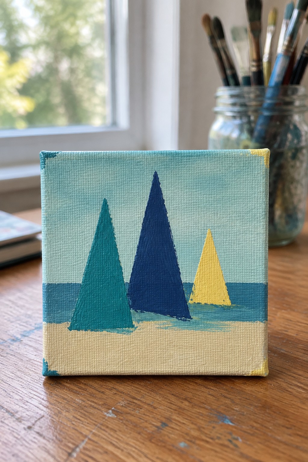 Small canvas with three abstract triangles in teal, navy, and yellow on blue-beige background