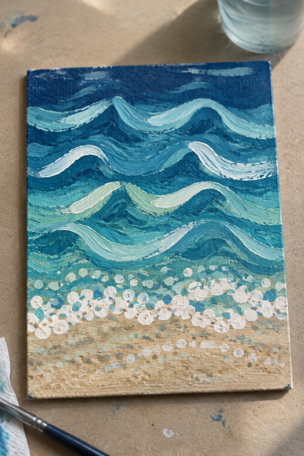 Blue and teal wave painting on canvas with white foam over sandy beach.