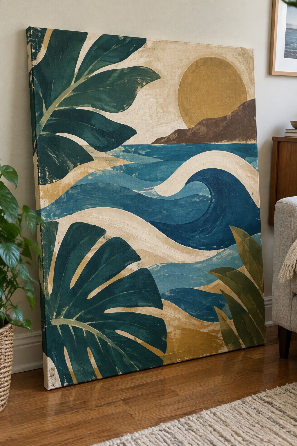 Large acrylic painting of a coastal scene with big green leaves, blue wavy ocean shapes, a yellow sun, and brown hills.