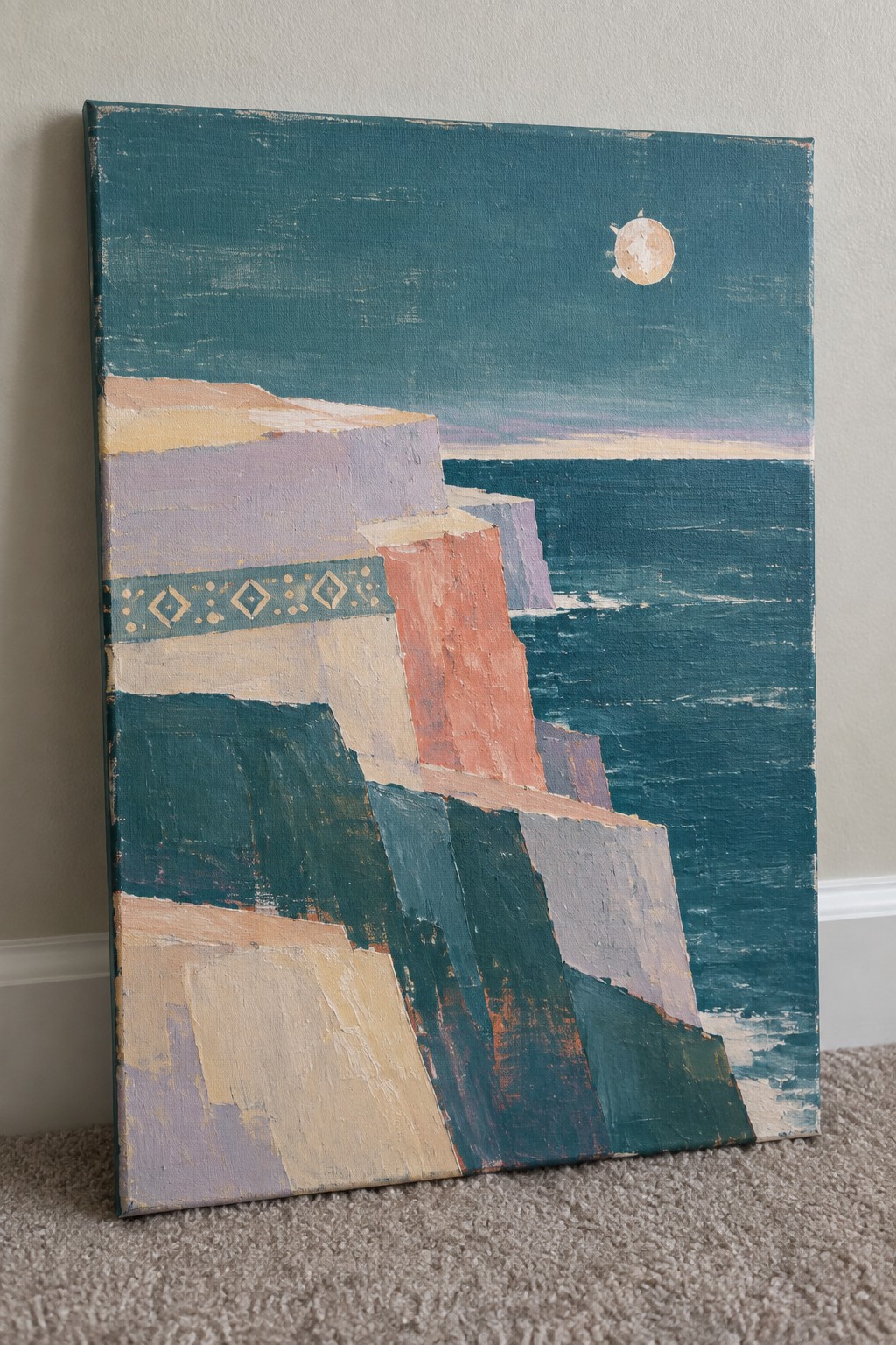 Abstract painting of geometric cliffs by moonlit teal ocean with patterned band