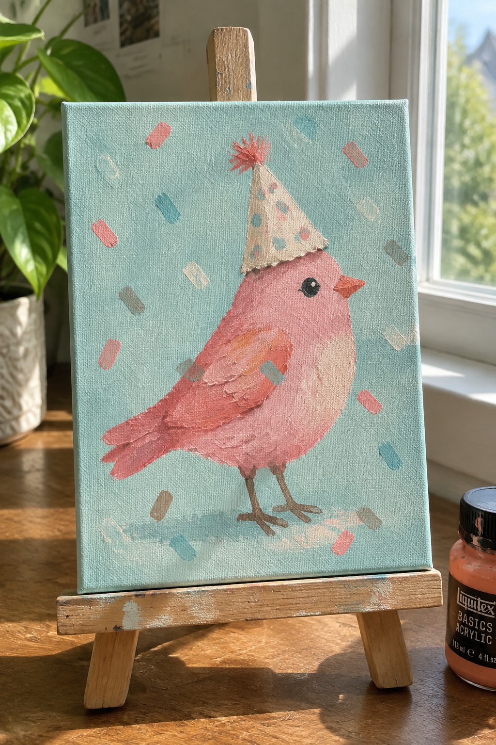 Pink bird wearing party hat amid colorful confetti on light blue canvas on easel