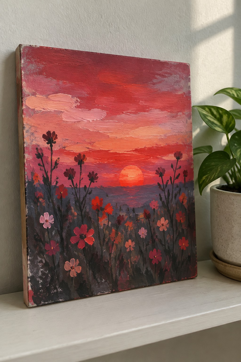 Vibrant red sunset painting with silhouetted wildflowers on white shelf beside potted plant.