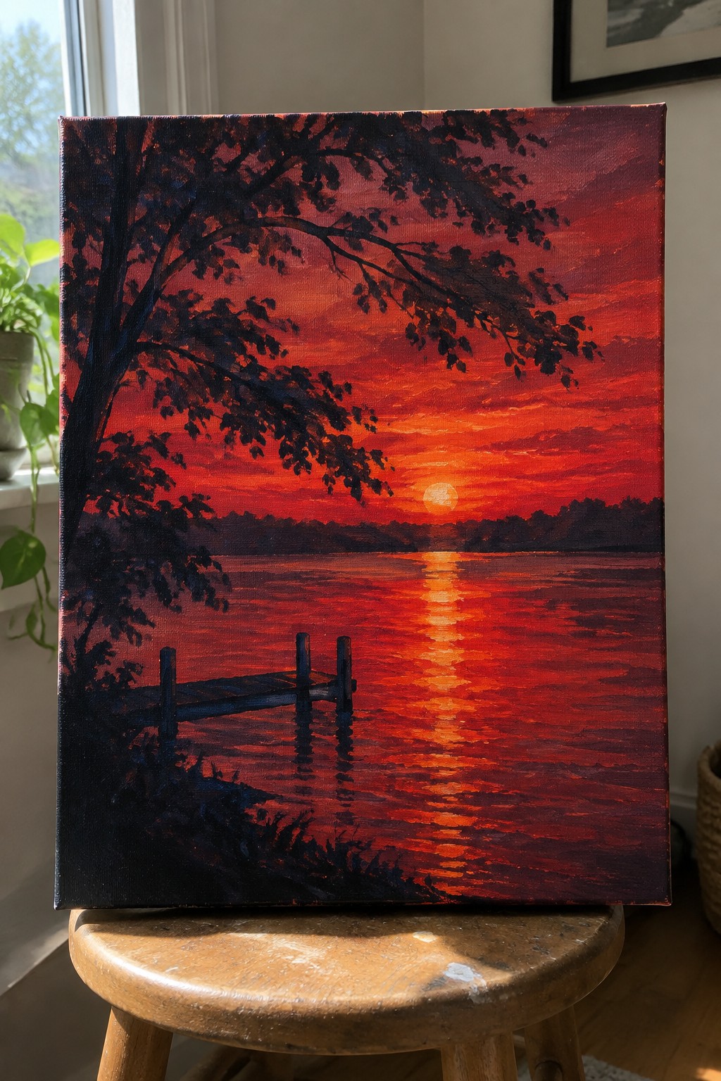 Vibrant red-orange sunset painting with dock, reflective water, and silhouetted trees.