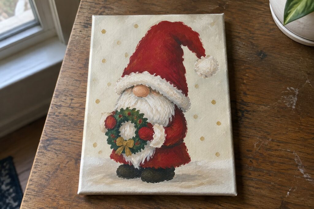 Canvas painting of Christmas gnome in red hat holding wreath with gold bow