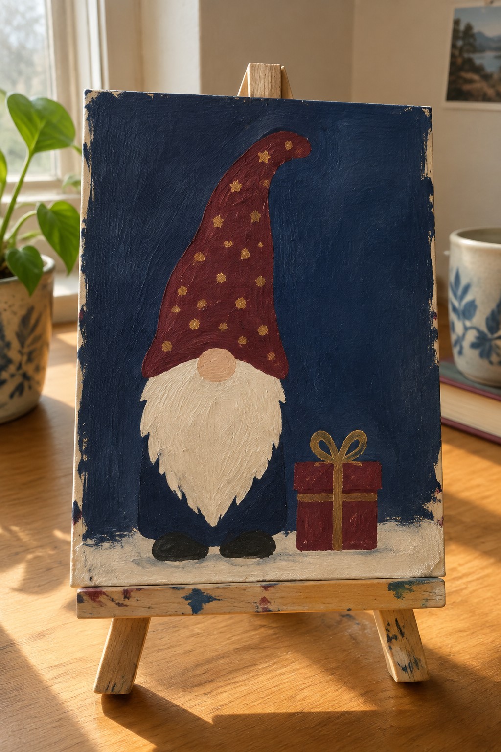 Gnome painting on easel: red starry hat, white beard, red gift box on snow