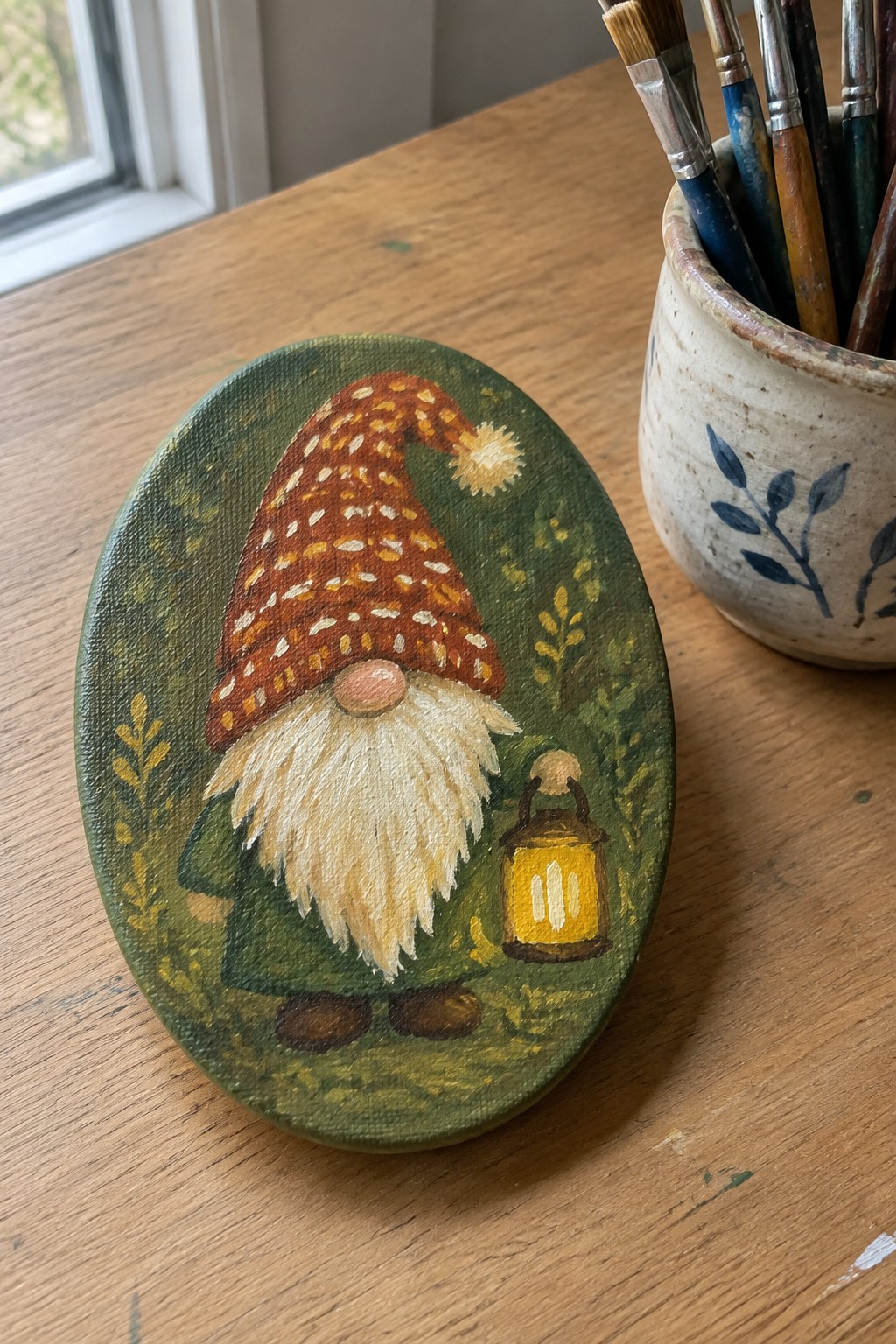 Oval canvas painting of gnome in green coat with dotted red hat holding lantern