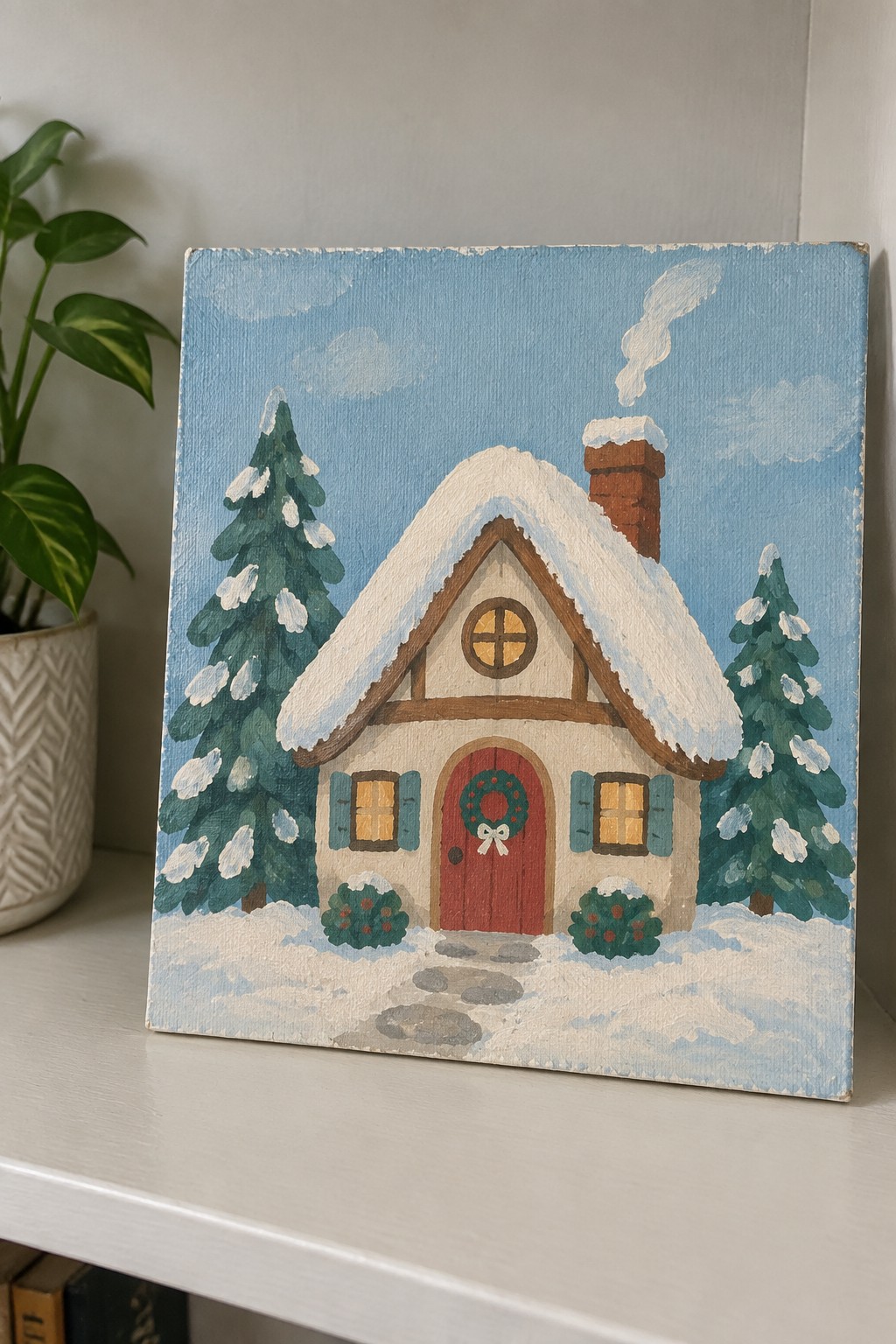 Snowy cottage painting with red door, wreath, blue shutters, smoking chimney, and pine trees.