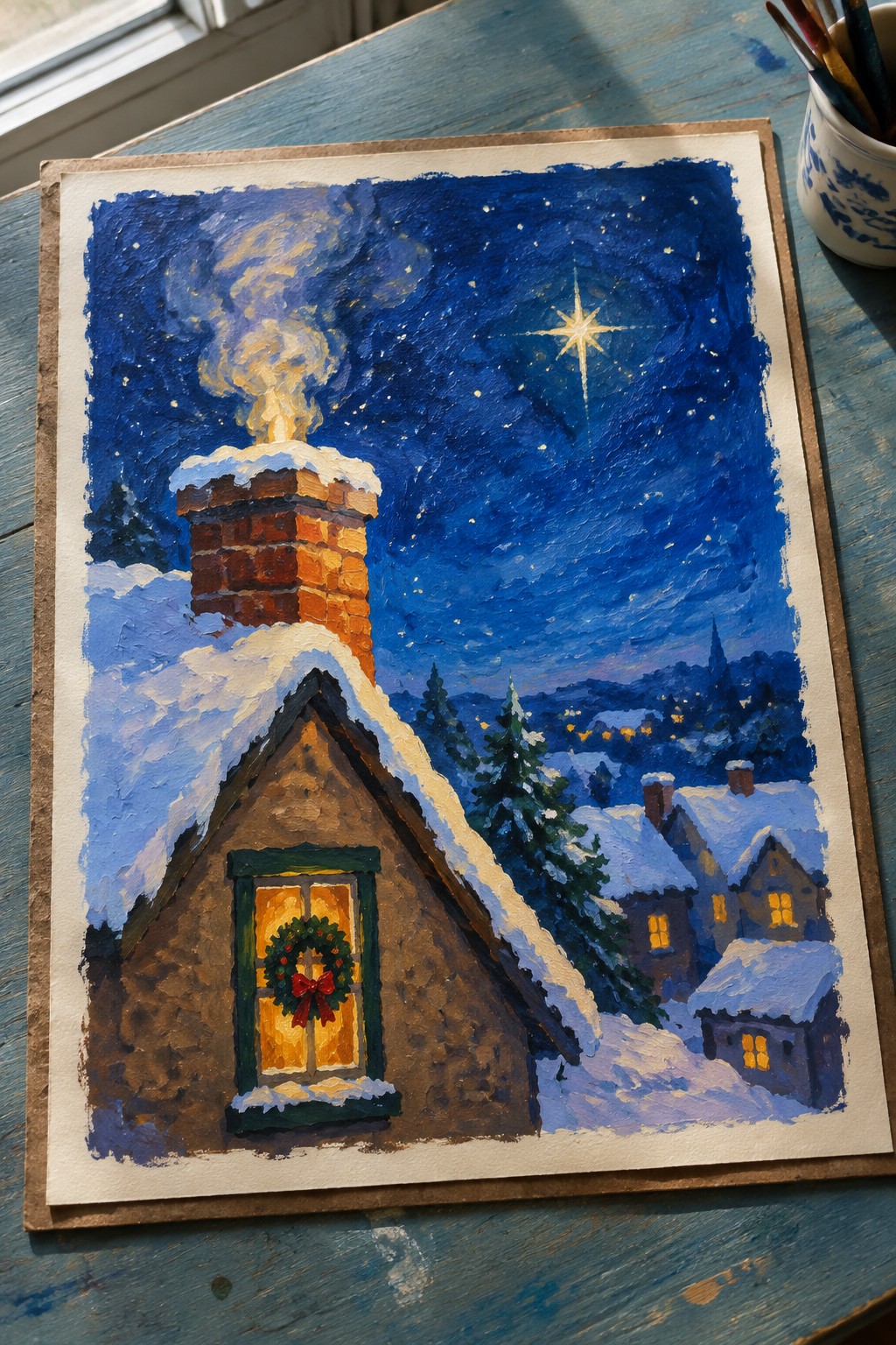 Snowy cottage with smoking brick chimney, wreath-lit window beneath bright star in blue night sky