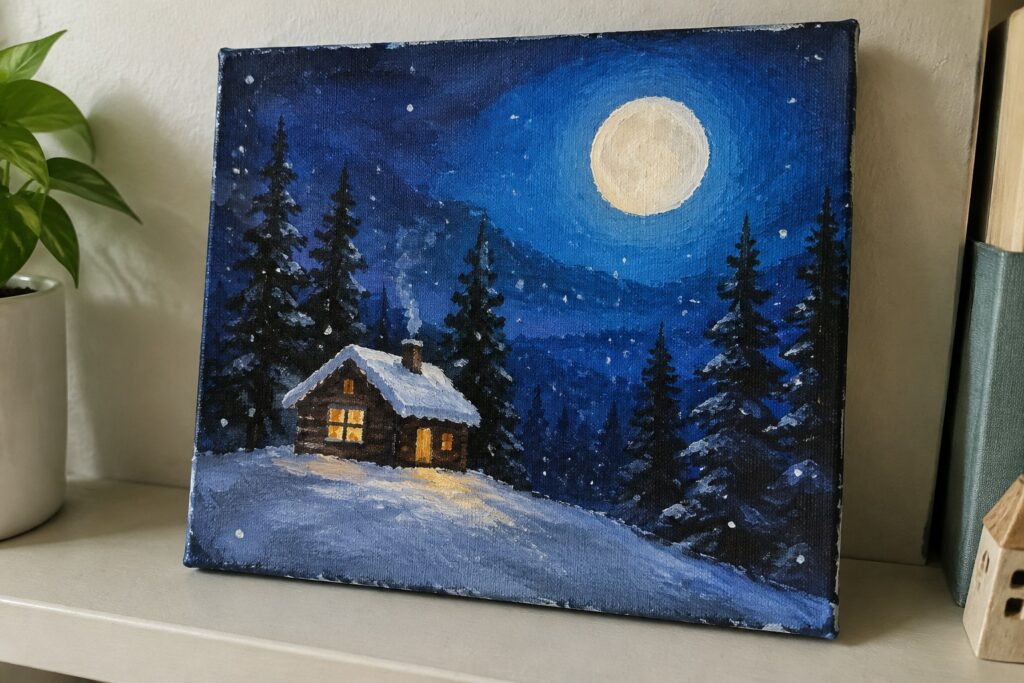 17 Dramatic Christmas Night Scene Paintings With Snowy Landscapes Snowy log cabin with glowing windows under full moon amid pine trees at night