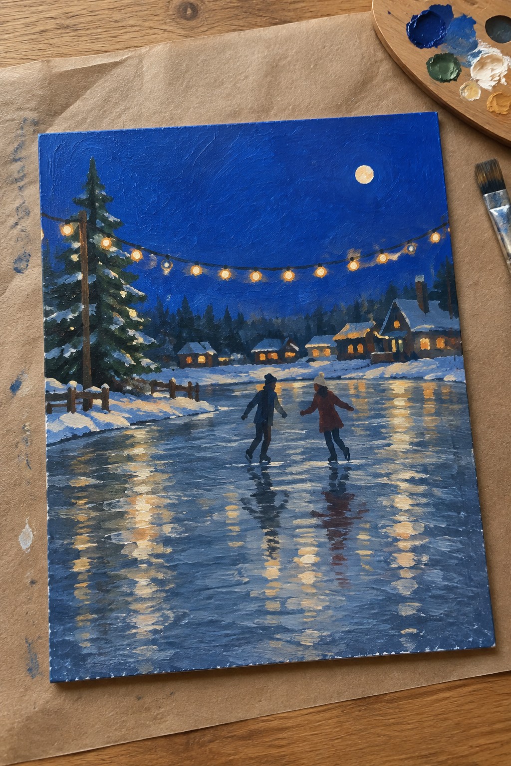 Oil painting of two skaters on moonlit frozen pond with string lights and snowy cabins.