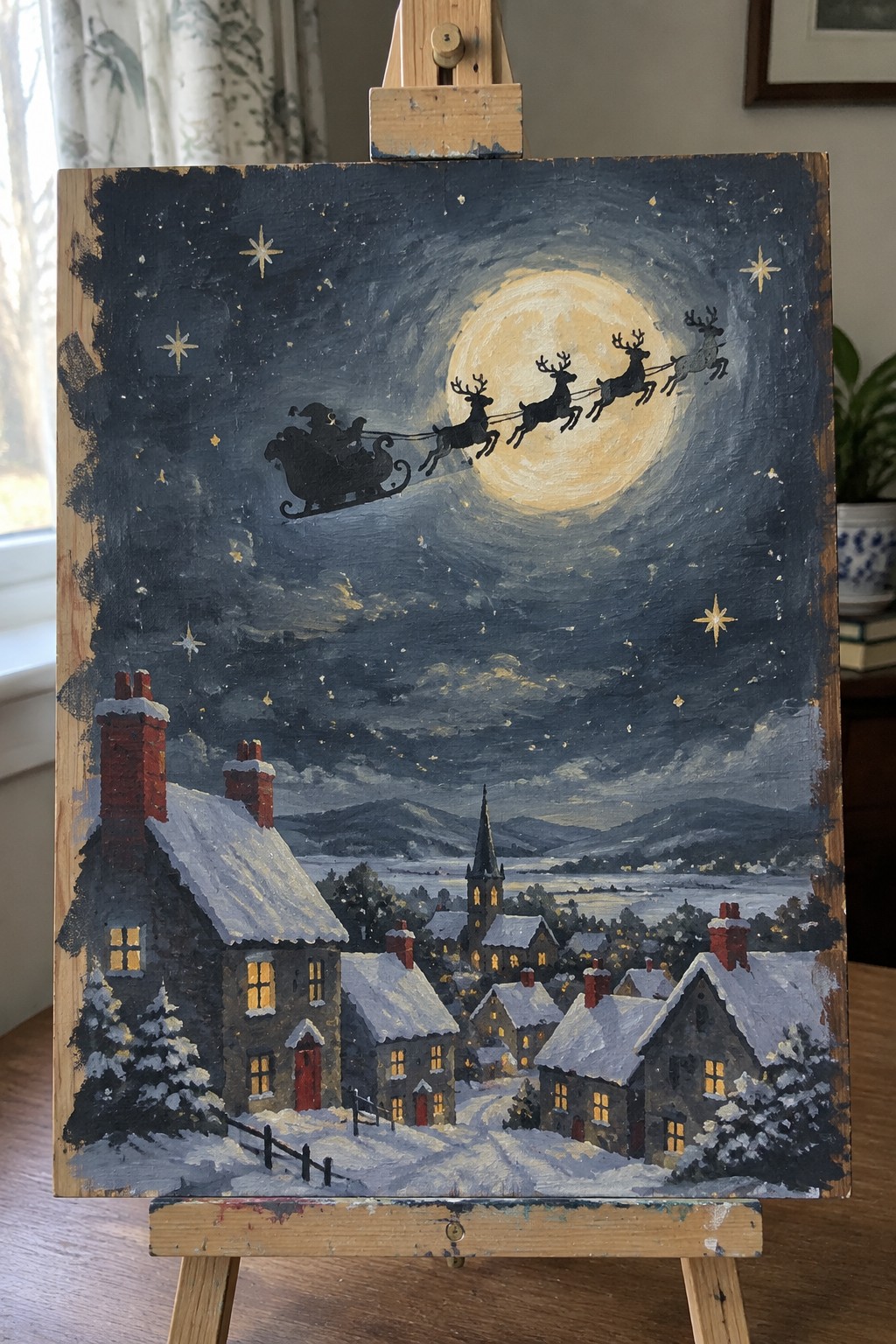 Painting on easel of Santa's sleigh and reindeer flying past full moon over snowy village.