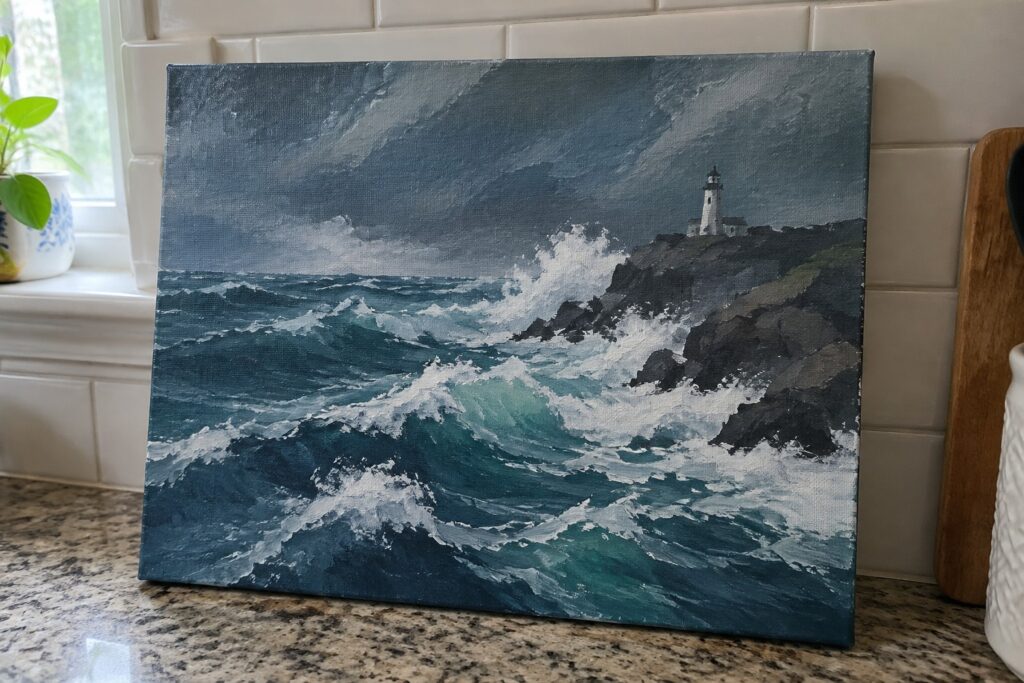 Stormy seascape painting shows crashing turquoise waves on dark cliffs with white lighthouse.