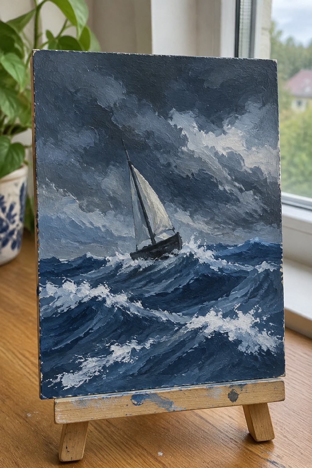 Sailboat with white sail on stormy dark blue waves under cloudy sky on wooden easel