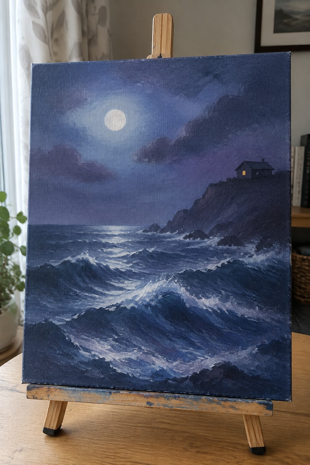 Moonlit stormy seascape painting on easel with crashing waves and cliffside house.