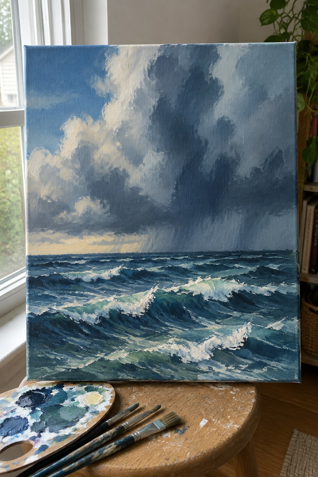 Seascape painting of stormy blue waves with palette and brushes on stool